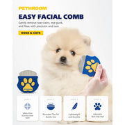 PETHROOM Easy Facial Comb being used on a fluffy white dog