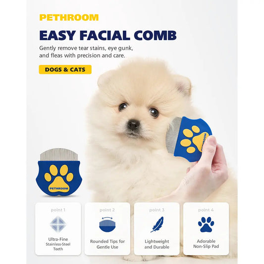 PETHROOM Easy Facial Comb being used on a fluffy white dog