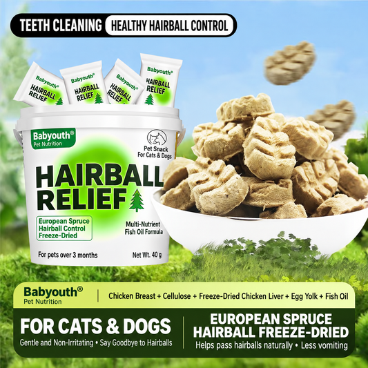 Babyouth Hairball Relief Freeze-Dried Treats for Cats & Dogs - European Spruce, Fish Oil, Multi-Vitamin,