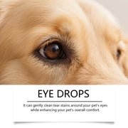 Close-up of a dog's eye with product description for gentle tear stain cleaning