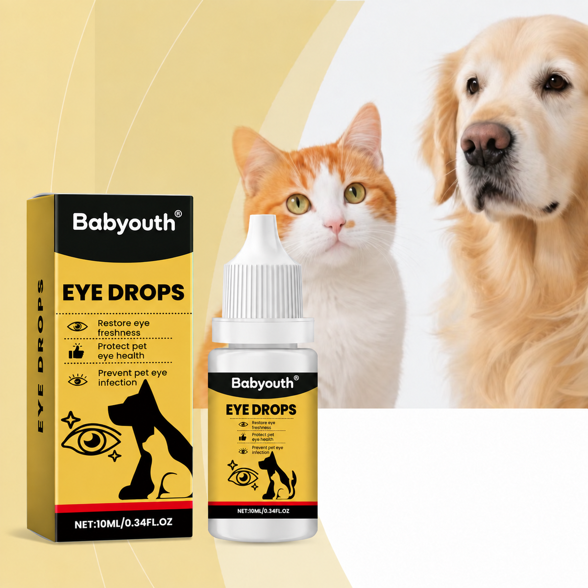 Babyouth Eye Care Solution for Cats and Dogs—for daily tear stain cleaning; gentle care, mild formula, and easy to use.